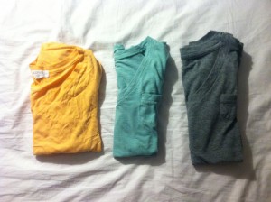 Orange tee-$1.80, Forever21. Mint and gray tee-$4.50, Target.