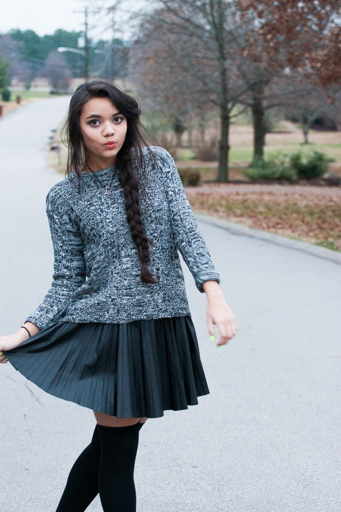 Speckled Knit Sweater-$16, Forever21. Pleated Pleather Skirt-$10, Poshmark. Thigh High Socks-$?, (you can get them anywhere), Deena&Ozzy Platform Oxfords-$19, Urban Outfitters.